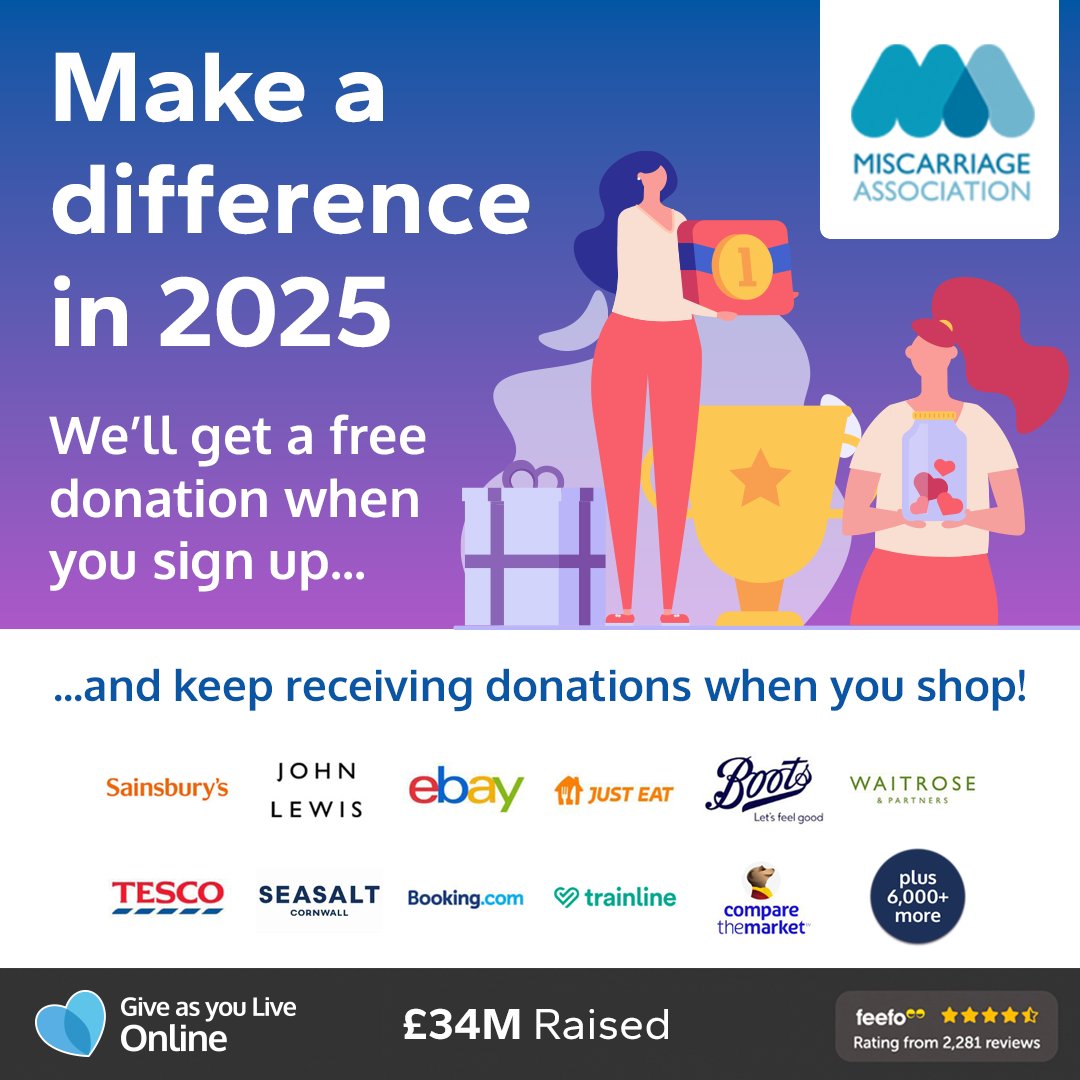 Miscarriage Association (@miscarriagea) on Twitter photo Help us for free as you shop in 2025! 💙
Sign up to Give as you Live Online, and select us as your chosen charity before the end of February, and we'll receive a free donation from <a href="/giveasyoulive/">Give as you Live 💙❤️💚</a>!
Click here to get started: giveasyoulive.com/join/miscarria… Help us for free as you shop in 2025! 💙
Sign up to Give as you Live Online, and select us as your chosen charity before the end of February, and we'll receive a free donation from <a href="/giveasyoulive/">Give as you Live 💙❤️💚</a>!
Click here to get started: giveasyoulive.com/join/miscarria…