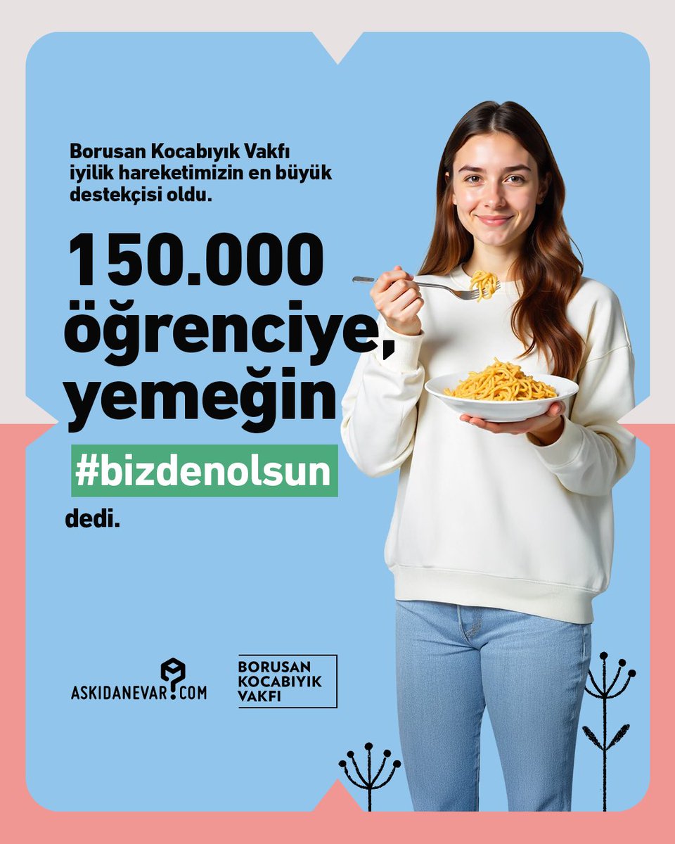 Yemeğin #BizdenOlsun dedik, üniversitelerin yemekhane sistemine
entegre olduk.

Borusan Kocabıyık Vakfı bu iyilik hareketimizin de en büyük destekçisi oldu ve 150.000 öğrenciye yemeğin #BizdenOlsun dedi.

Binlerce öğrencinin yanında olduğu için projenin ana destekçisi Borusan