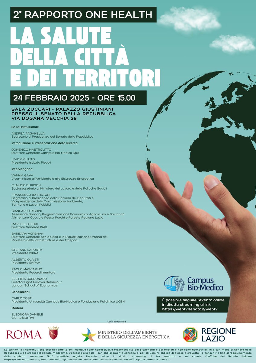 Campus Bio-Medico SpA (@cbm_spa) on Twitter photo Lunedì verrà presentato al <a href="/SenatoStampa/">Senato Repubblica</a> il Secondo Rapporto One Health “La Salute della Città e dei Territori”. Seguici in diretta streaming sulla webtv del Senato ➡️webtv.senato.it Lunedì verrà presentato al <a href="/SenatoStampa/">Senato Repubblica</a> il Secondo Rapporto One Health “La Salute della Città e dei Territori”. Seguici in diretta streaming sulla webtv del Senato ➡️webtv.senato.it