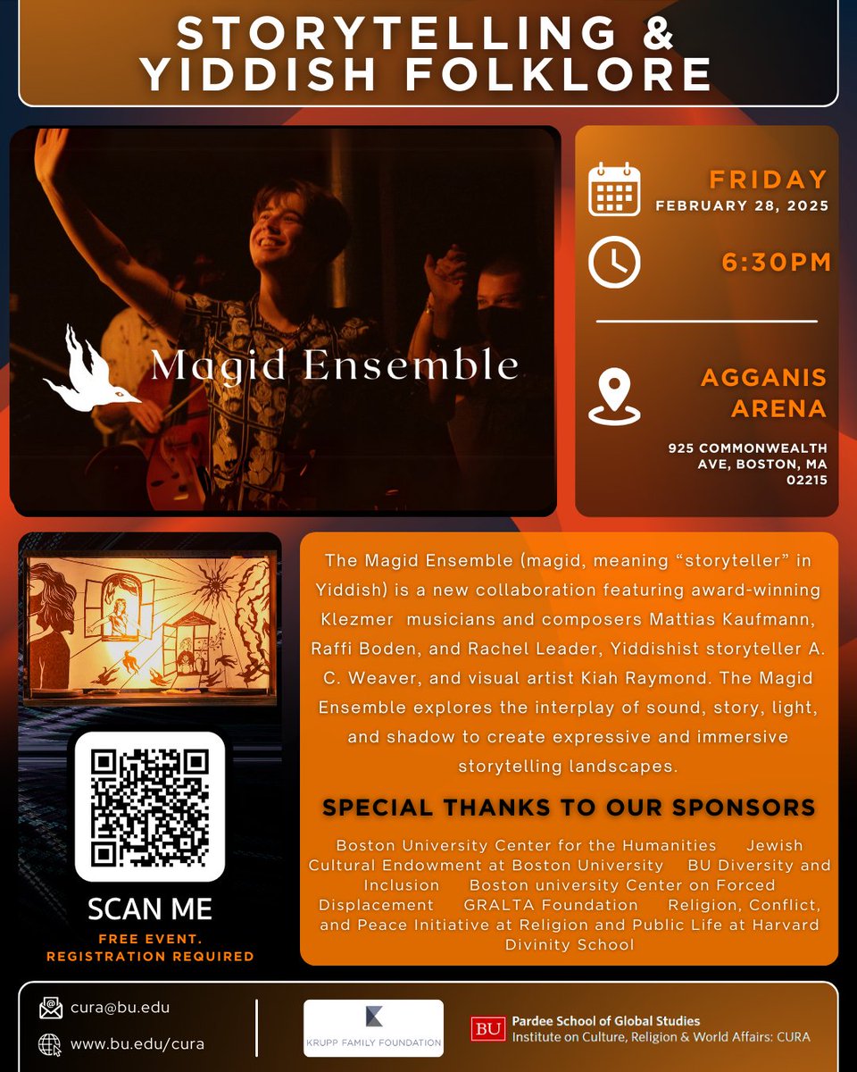 Join us for storytelling &amp; Yiddish Folklore with the Magid Ensemble! 📅 Feb 28, 2025, 6:30 PM at Agganis Arena. 🎟️ Free – Register: bu.edu/cura/2025/02/0… #MagidEnsemble #BostonEvents