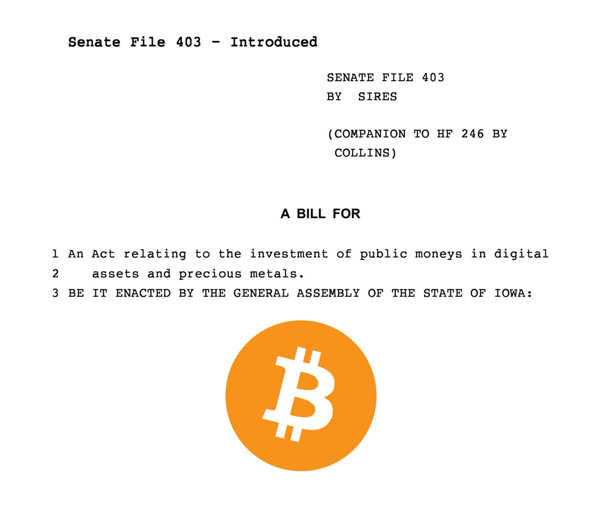 BitcoinMagazine's tweet image. JUST IN: 🇺🇸 A new bill to allow state treasurer to invest in #Bitcoin and crypto has been introduced in Iowa.