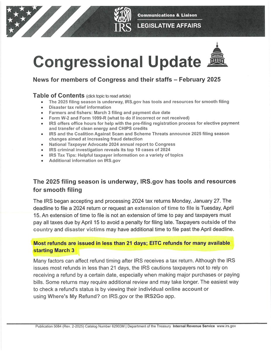 Earned Income Tax Credit (EITC) Refunds Issue Date

Please see the announcement regarding the release of EITC tax refunds. Most refunds are issued in 21 days or so but this year, EITC refunds will not be issued until March 3rd or later.