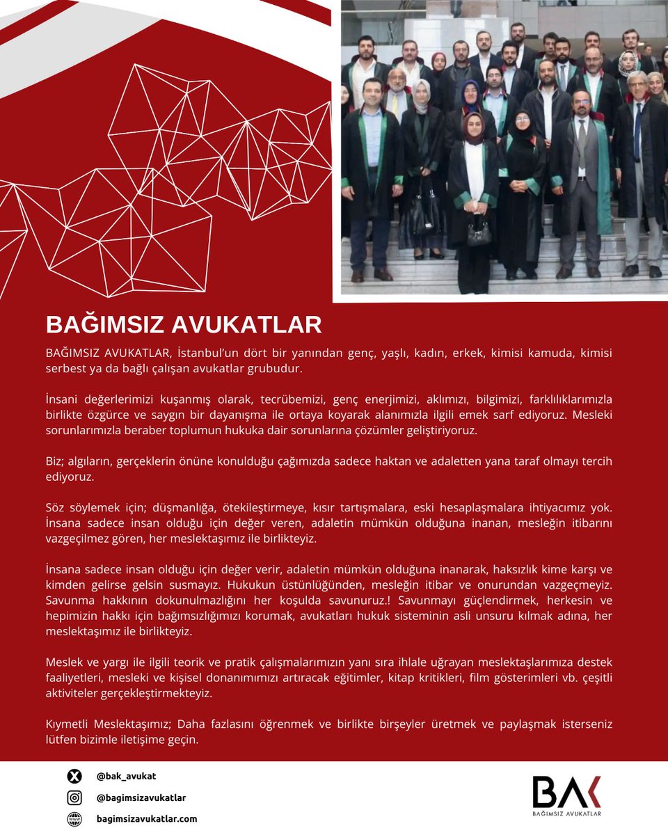HUKUKU KORUYACAĞIZ!

Avukatların ortak iradesine zarar veren girişimlere karşı tüm meslektaşlarımızı 23 Şubat Pazar günü Haliç Kongre Merkezinde gerçekleştirilecek Olağanüstü Genel Kurula davet ediyoruz. 

İstanbul Barosu hepimizindir.🗣️

Bağımsız Avukatlar