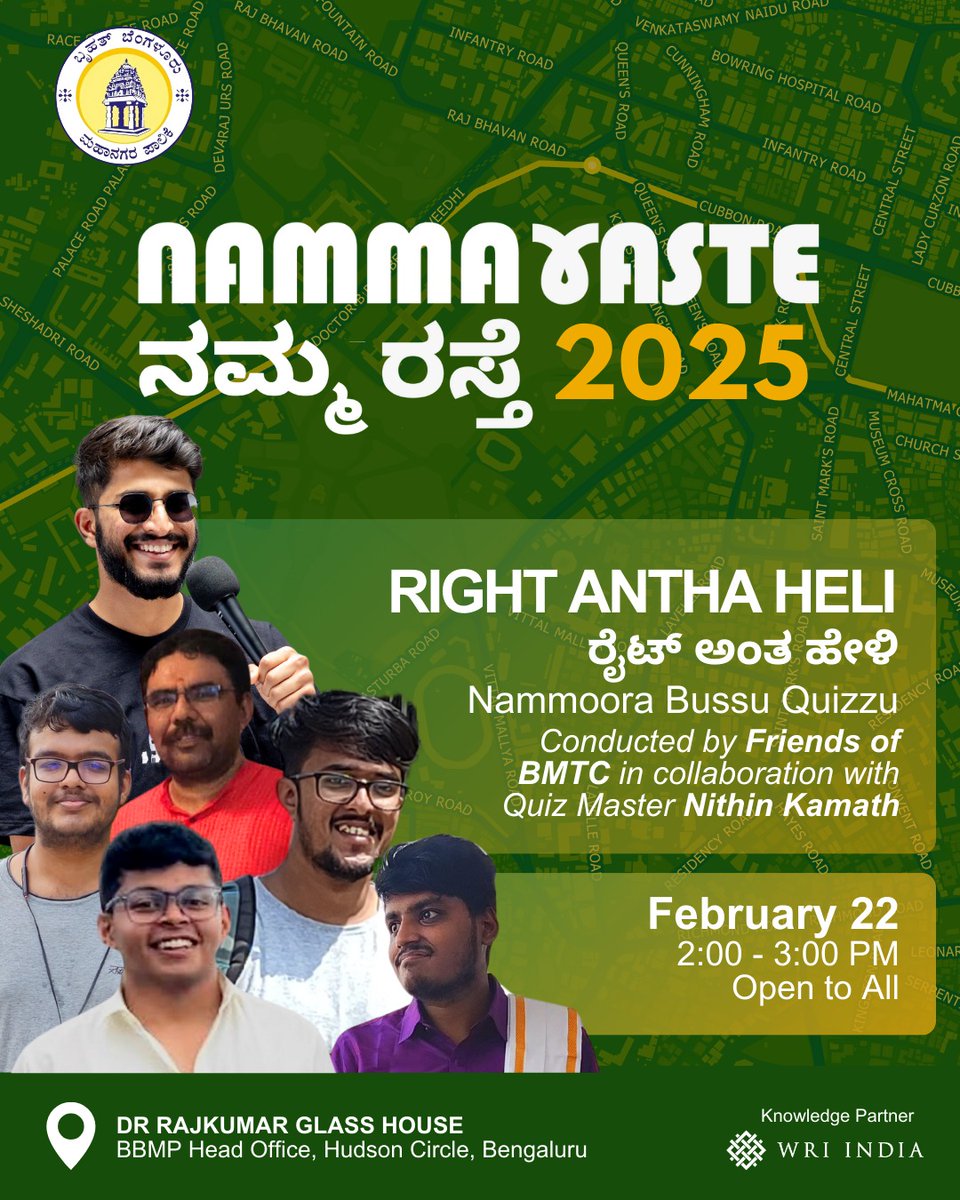 Hey All!

Tomorrow, we have a small quiz programme planned in the Namma Raste event. The quiz, titled Right Anta Heli is a programme that has to do with topics related to BMTC. This is being organised by us, Friends of BMTC &amp; being hosted by stand-up comedian, <a href="/Nithin_m_kamath/">CoffeeKudithira?</a>