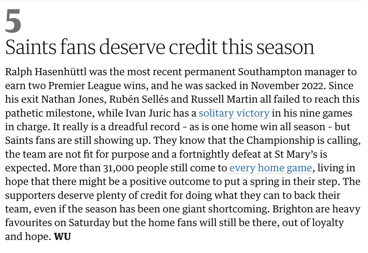 High praise for #Saintsfc fans from @Guardian_Sport today for turning up to every home game, despite just one Premier League win at St Mary's this season. 
ps. The stat in the first two lines below is startling.