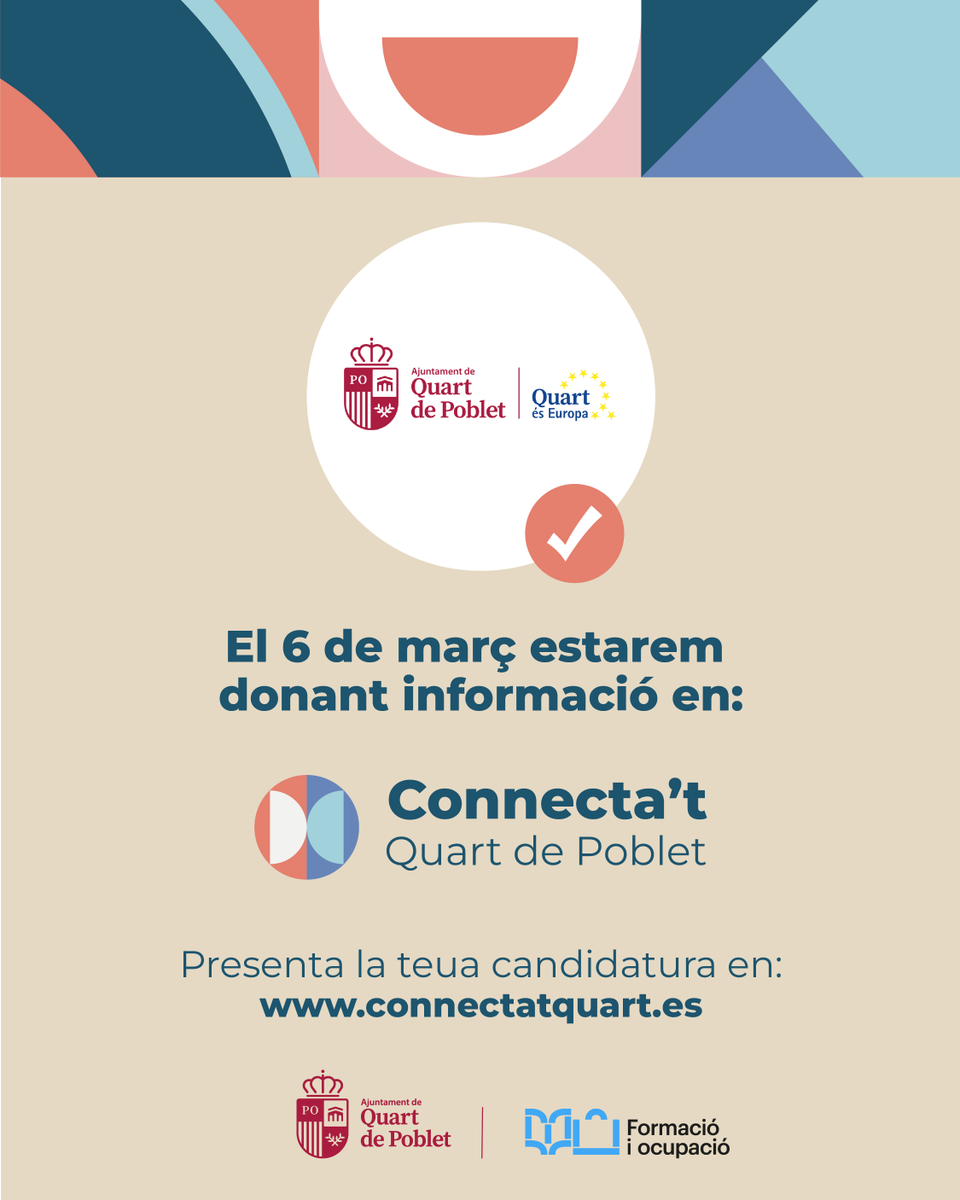 📋💡Quart és Europa participará en la primera edición de CONNECTA'T QUART DE POBLET, el FORO DE EMPLEO impulsado por el Ayuntamiento de Quart de Poblet. 📋💡

📅 - Jueves 6 de marzo
🕐 - De 9.00 a 14.00h
📍 - Pabellón Polideportivo Municipal de Quart de Poblet