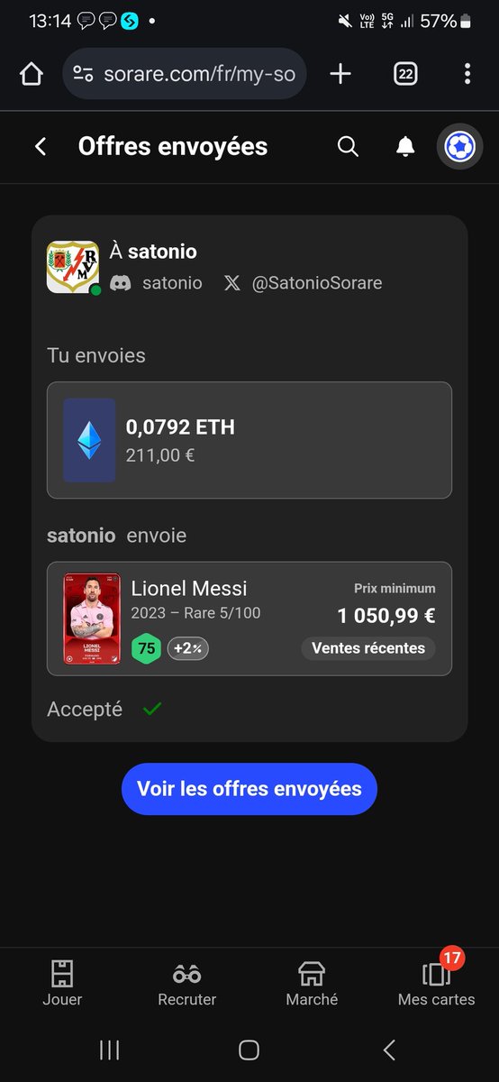 Merci <a href="/SatonioSorare/">Satonio Sorare</a> 
De me renvoyer mon Messi à ton prix d achat, rien ne t obligeait à le faire, encore moins à venir me contacter en privé. 
Que tu fasses le premier pas vers moi, montre ta générosité, continue à garder ces valeurs d entraides et de gentillesses