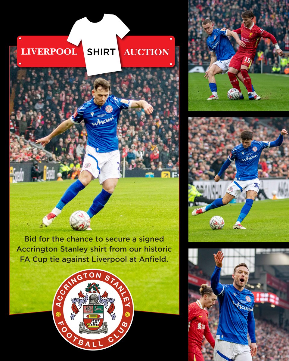 🚨 A live auction is now underway on eBay… giving you the chance to bid for signed commemorative shirts from our historic FA Cup tie against Liverpool!

Bids can be made until 5pm on Sunday 2nd March ⬇️

ebay.co.uk/usr/accrington…

Learn more here: accringtonstanley.co.uk/news/2025/febr…