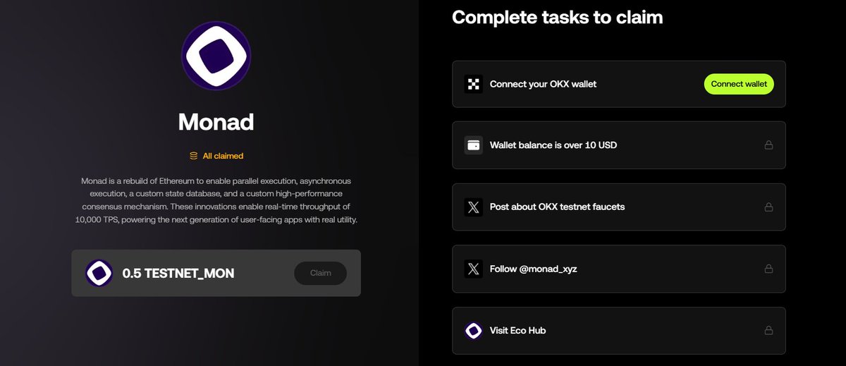 SecretoDefi's tweet photo. ¡Ya tenemos desplegada oficialmente la testnet de Monad! 🔥

Prepararé una guía para empezar a interactuar con todas las dApps del ecosistema pero antes de ello vamos con algo más importante...

¿Os habéis fijado que no es fácil conseguir tokens $MON, verdad? 🤔

Pues cuidado con malgastarlos ya que los faucets no dan mucho y a eso voy hoy, os traigo todas las opciones para acumular tokens en la testnet:

🔸https://t.co/U8vFARX9QX tiene el suyo propio > 0.13/días pero debes tener 10 transacciones en la dApp o +0.13 ETH en mainnet

🔸Thirdweb (https://t.co/CVS4KpYl2T) > 0.01/día 
🔸Wallet OKX (https://t.co/qosodX5q00) > 0.5/dia (importad vuestra wallet de farmeo y listo)

🔸Morkie (https://t.co/YpGwh3Z1jX) > 0.025/día

Hay otras más pero que no están funcionando muy bien, cuando vayan las comparto 🫡

Así que dedícate a ir reclamando tokens para poder farmear bien la testnet