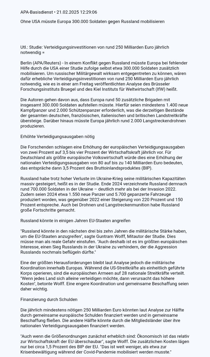 Bundesheerbauer's tweet image. In einem Konflikt gegen Russland müsste Europa bei fehlender Hilfe durch die USA 300.000 Soldaten zusätzlich mobilisieren. Weiters sind 1.400 neue Kampfpanzer und 2.000 Schützenpanzer erforderlich, was die derzeitigen Bestände der gesamten deutschen, französischen, italienischen…