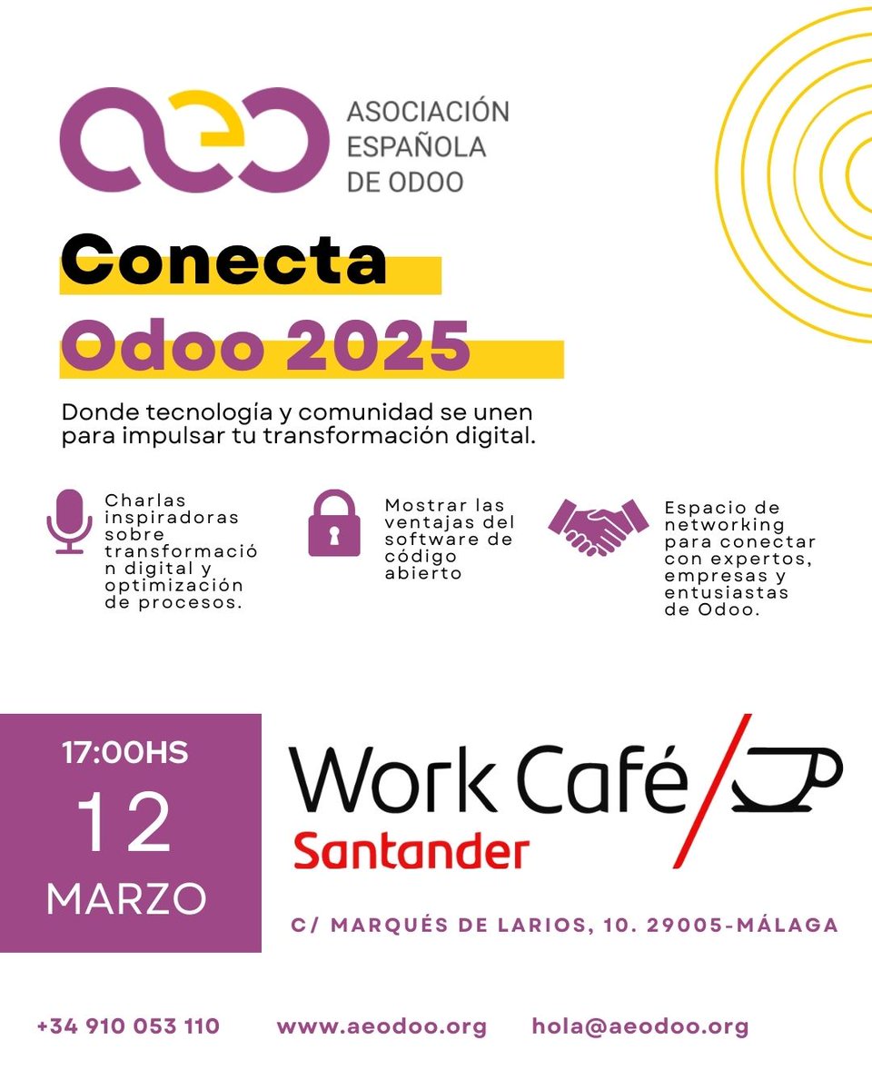 aeodoo's tweet photo. 📢¡Novedades "Conecta Odoo" en Málaga!  No te pierdas nuestro primer evento #AEOdoo donde conectar a empresas con partners tecnológicos #odoo + Información y registro aquí: https://t.co/IbDtWNkixg https://t.co/X8rj1EwRLa
