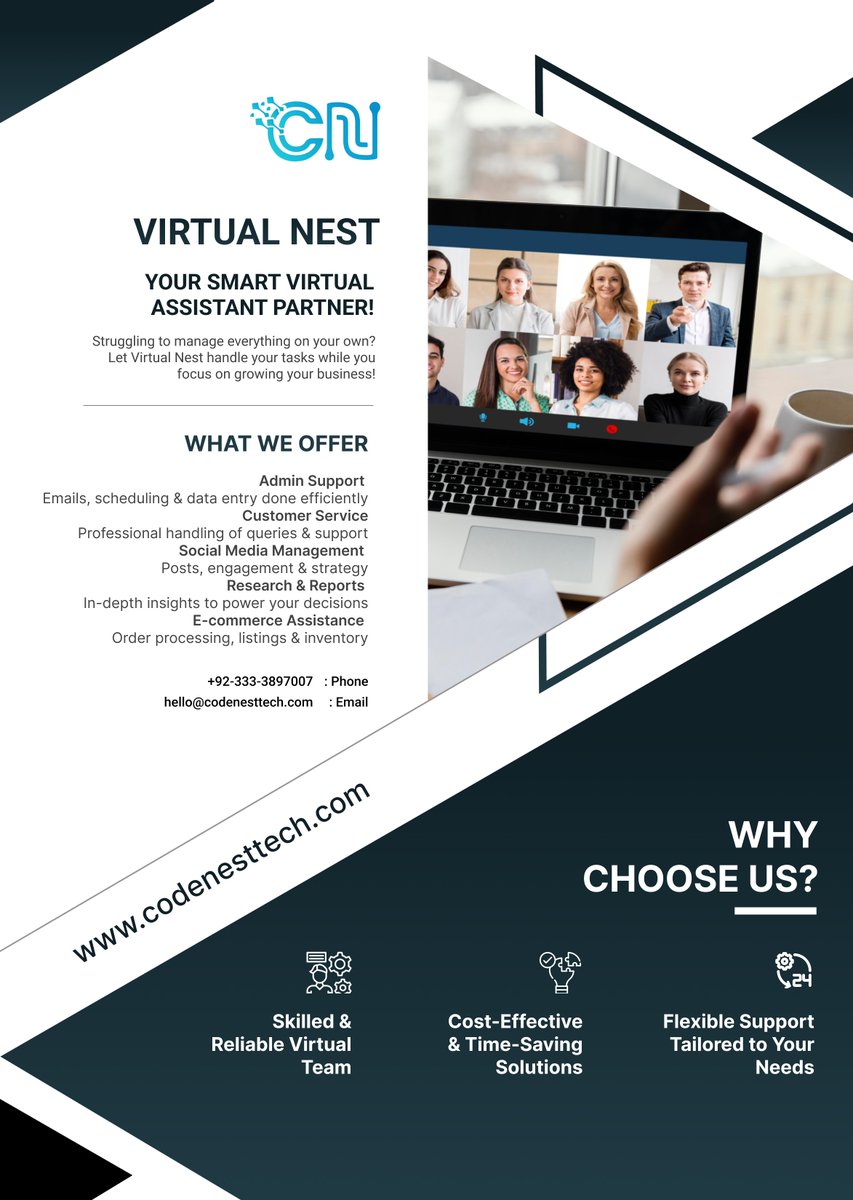 codenestech's tweet photo. Simplify Your Work with Virtual Nest! 🏡💻
Get expert virtual assistant services to manage tasks, boost productivity, and keep your business running smoothly. #VirtualAssistant #BusinessSupport #WorkSmarter #CodeNestTech https://t.co/SFztemjbsO