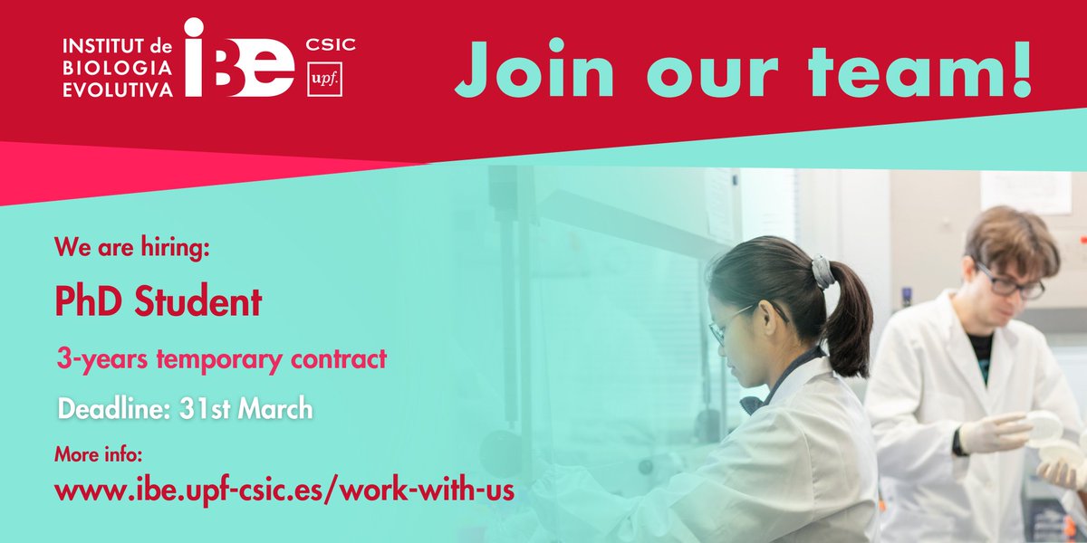 Institute of Evolutionary Biology (IBE) (@ibe_barcelona) on Twitter photo 📣 Exciting News! The Evolutionary Microbiology Lab is hiring:
📍 The <a href="/IBE_Barcelona/">Institute of Evolutionary Biology (IBE)</a> seeks a PhD Student.
📆 Application Deadline: 31st of March.
#JoinTheIBE and be part of our team!
✍️ibe.upf-csic.es/work-with-us/j… 📣 Exciting News! The Evolutionary Microbiology Lab is hiring:
📍 The <a href="/IBE_Barcelona/">Institute of Evolutionary Biology (IBE)</a> seeks a PhD Student.
📆 Application Deadline: 31st of March.
#JoinTheIBE and be part of our team!
✍️ibe.upf-csic.es/work-with-us/j…