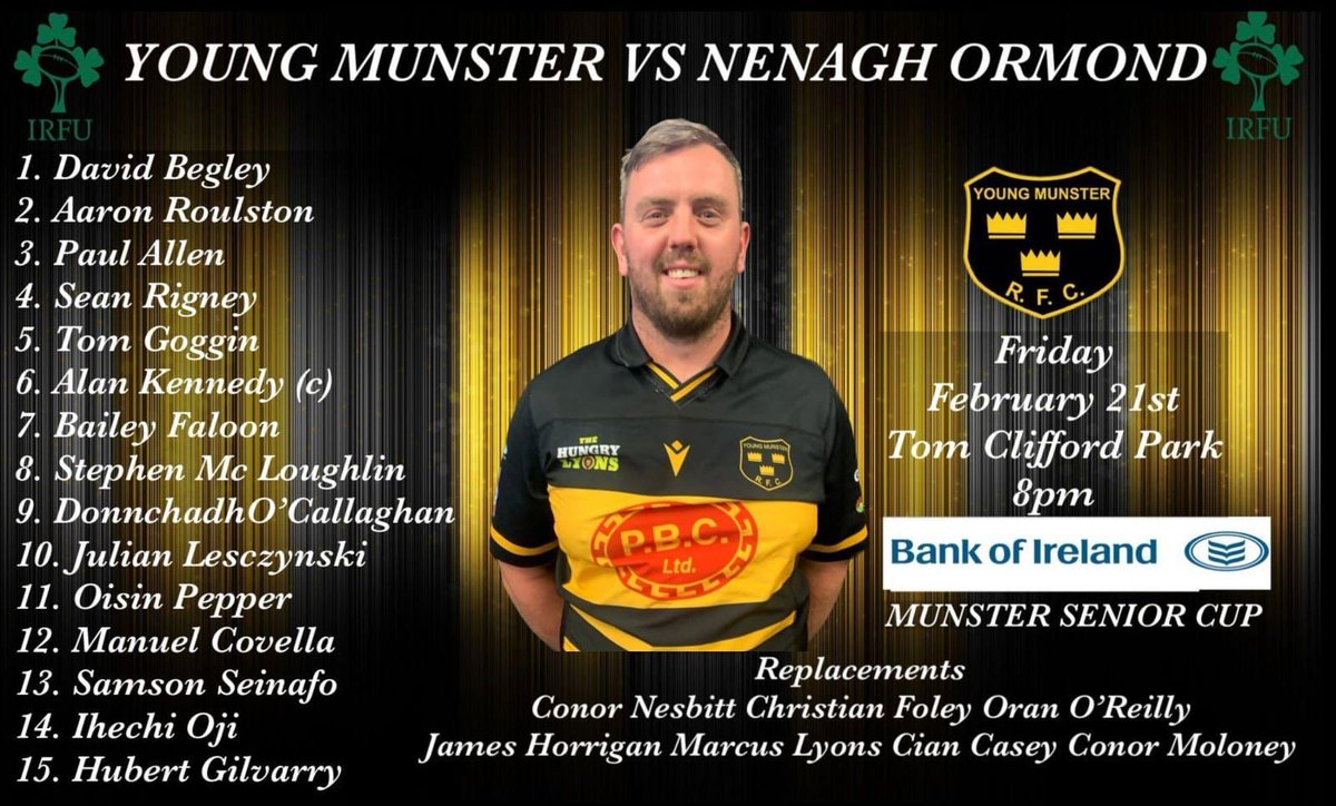 YoungMunsterRFC's tweet image. Team Announcement 📣 

• KO 8pm
Bar open from 7.30pm

Let’s get down &amp;amp; give the lads the support! 

#MunsterSeniorCup
