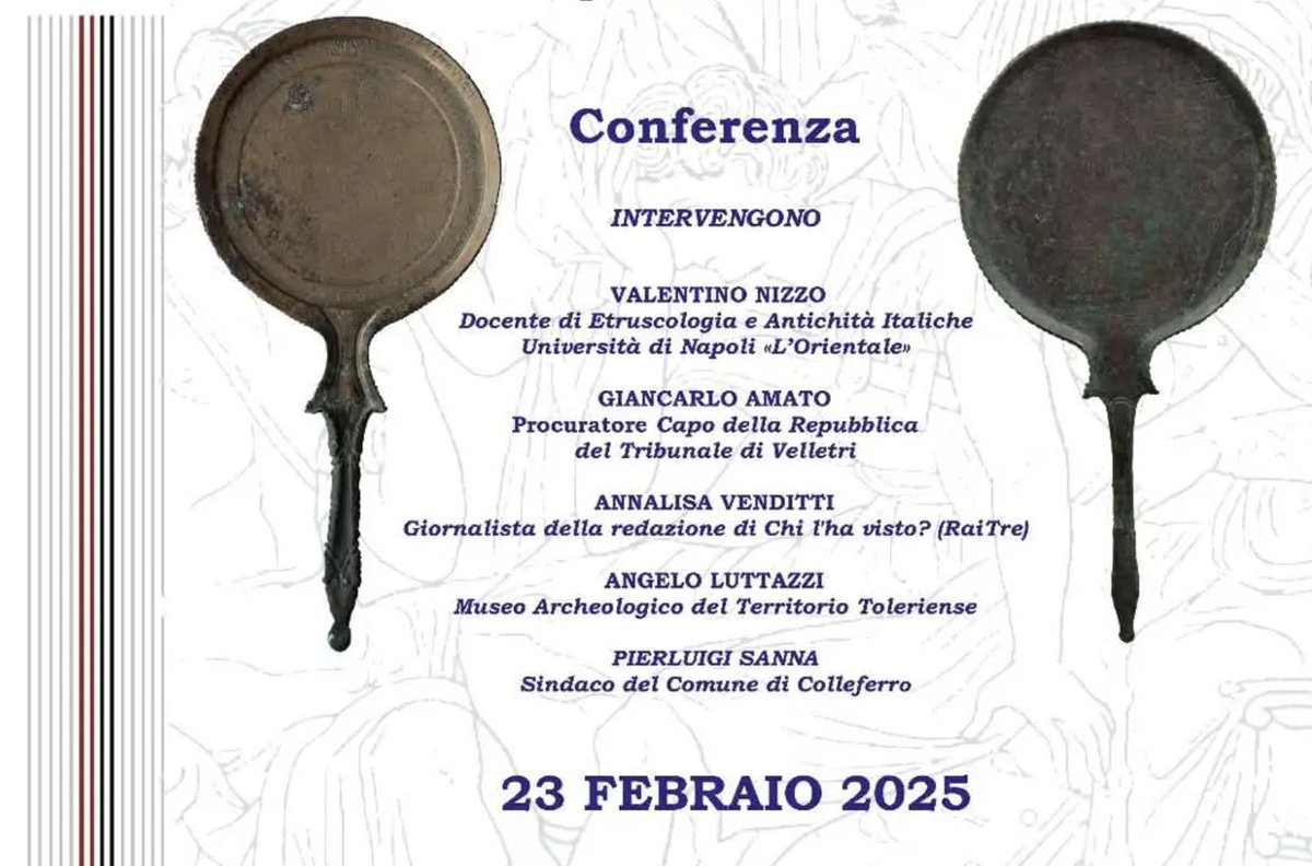📣 Specchi Torlonia: nuove rivelazioni dal prof. Valentino Nizzo

Domenica 23 febbraio, il prof. Valentino Nizzo presenterà al Museo di Colleferro le ultime scoperte sugli specchi etruschi della Collezione Torlonia, recentemente recuperati...
🔗 ow.ly/B5aS50V48PN