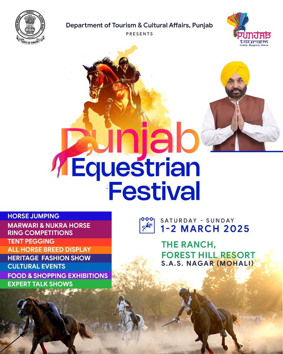 1-2 ਮਾਰਚ 2025 ਨੂੰ 'ਦ ਰੈਂਚ, ਫੌਰੈਸਟ ਹਿੱਲ ਰਿਜ਼ੌਰਟ', ਐੱਸ.ਏ.ਐੱਸ ਨਗਰ (ਮੁਹਾਲੀ) ਵਿਖੇ ਇੱਕ ਅਭੁੱਲ ਅਤੇ ਨਾ ਭੁੱਲਣਯੋਗ ਉਤਸਵ, ਪੰਜਾਬ ਘੋੜਸਵਾਰ ਫੈਸਟੀਵਲ-2025 ਲਈ ਤਿਆਰ ਹੋ ਜਾਓ। ਇਸ ਸਮਾਗਮ ਦੀ ਮੇਜ਼ਬਾਨੀ ਸੈਰ ਸਪਾਟਾ ਵਿਭਾਗ, ਪੰਜਾਬ ਵੱਲੋਂ ਕੀਤੀ ਜਾ ਰਹੀ ਹੈ।
....
Get ready for an unforgettable extravaganza, the Punjab
