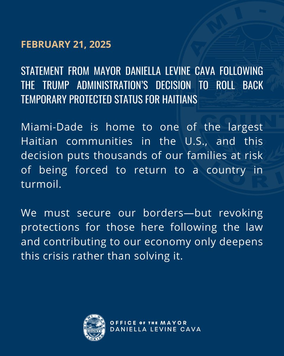 Miami-Dade is home to one of the largest Haitian communities in the U.S., and this decision puts thousands of our families at risk. We must secure our borders—but revoking #TPSforHaiti only deepens this crisis rather than solving it.