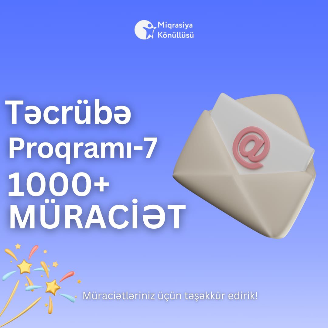 MigvolunteerAze's tweet photo. Təcrübə Proqramı - 7 üçün olan müraciət sayı 1000 nəfəri ötdü! 💙🤩

Müraciətləriniz üçün təşəkkürlər! 

#SənFərqlisən #MKİB #miqrasiyakönüllüsü https://t.co/PVMTr9cW4v