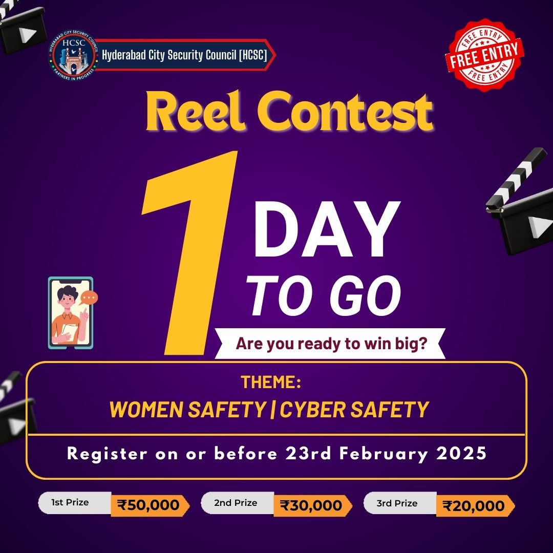 HCSC_Hyd's tweet image. 🎥 𝐋𝐢𝐠𝐡𝐭𝐬, 𝐂𝐚𝐦𝐞𝐫𝐚, 𝐀𝐜𝐭𝐢𝐨𝐧 𝐟𝐨𝐫 𝐒𝐚𝐟𝐞𝐭𝐲!
Got a creative spark?
Show your talent by creating a reel on Women's Safety or Cyber Safety and stand a chance to WIN BIG!
🔗 𝐑𝐞𝐠𝐢𝐬𝐭𝐞𝐫 𝐍𝐨𝐰: shorturl.at/3IYYn
#ReelChallenge #CreateForChange