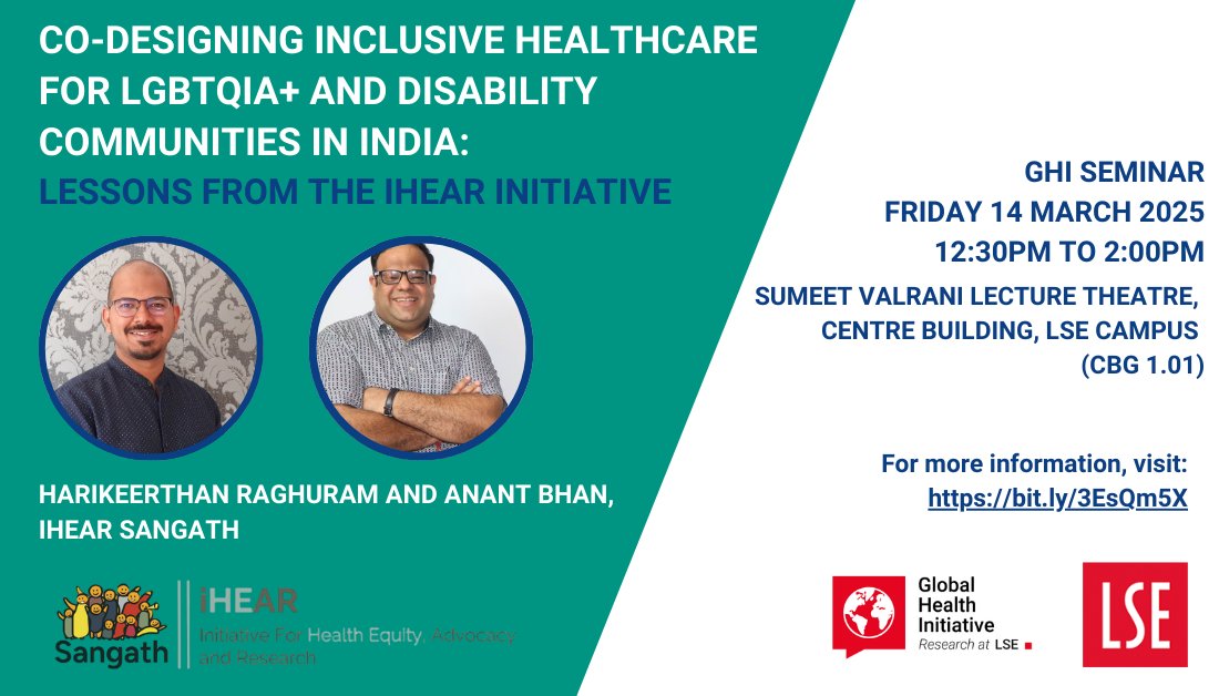 LSE Global Health (@lseglobalhealth) on Twitter photo 📢 Global Health Initiative is pleased to host <a href="/iHEAR_Sangath/">iHEAR_Sangath</a> leadership <a href="/drharikeerthan/">Harikeerthan Raghuram (he/him) 🏳️🌈</a> and <a href="/AnantBhan/">Anant Bhan</a> for a seminar:
Co-Designing Inclusive Healthcare for LGBTQIA+ & Disability Communities in India
📅Friday, March 14 at 12:30pm
More details here: bit.ly/4gQUI4u 📢 Global Health Initiative is pleased to host <a href="/iHEAR_Sangath/">iHEAR_Sangath</a> leadership <a href="/drharikeerthan/">Harikeerthan Raghuram (he/him) 🏳️🌈</a> and <a href="/AnantBhan/">Anant Bhan</a> for a seminar:
Co-Designing Inclusive Healthcare for LGBTQIA+ & Disability Communities in India
📅Friday, March 14 at 12:30pm
More details here: bit.ly/4gQUI4u