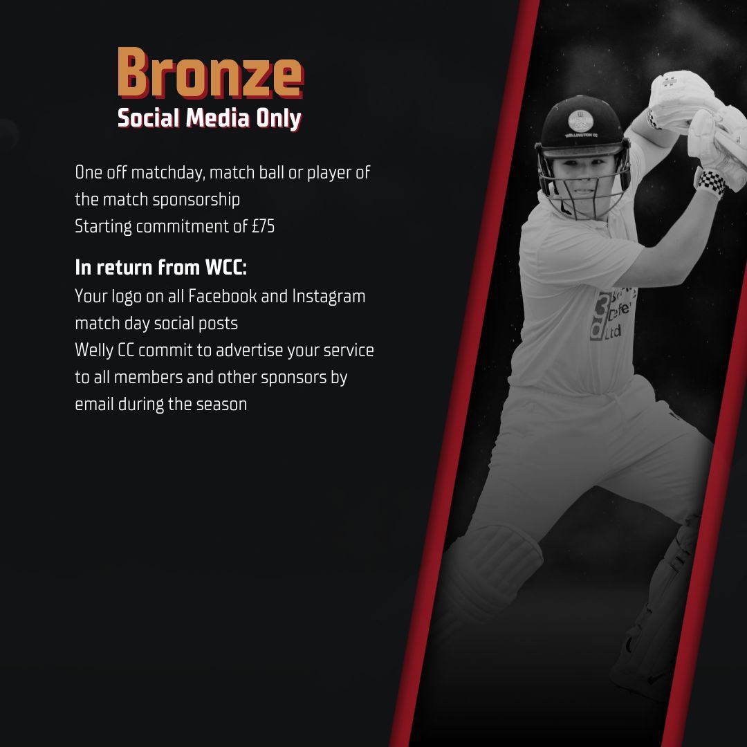 🚨SPONSOR OPPORTUNITIES 🚨

Wellington Cricket Club are looking for sponsors for the 2025 season and beyond. We have many different packages available as well as bespoke options. If interested, please reach out to sponsorwellycc@gmail.com.