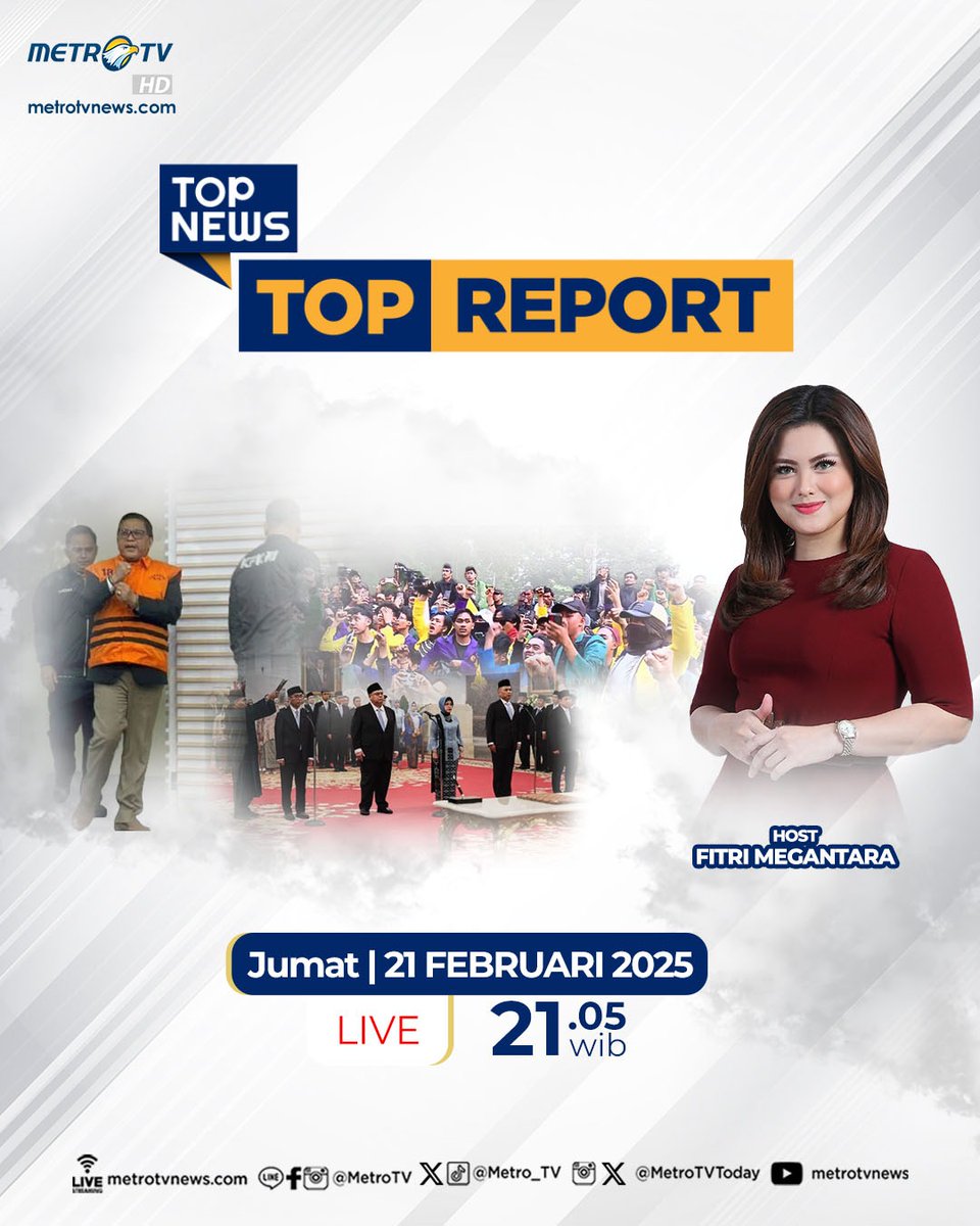Metro_TV's tweet photo. Dalam #TopReport hari ini, akan membahas tiga topik utama berita minggu ini, penangkapan Hasto Kristiyanto sebagai tersangka, reshuffle kabinet perdana dalam kepemimpinan Presiden Prabowo, serta aksi demo mahasiswa Indonesia Gelap. Tiga topik tersebut akan diulas secara lugas bersama host Fitri Megantara, hari Jumat, 21 Februari 2025 pukul 21.05 WIB hanya di Metro TV

#TopReport #TopReportMetroTV #TopNewsMetroTV #IndonesiaGelap #HastoKristiyanto #ReshuffleKabinet #PresidenPrabowo #MetroTV