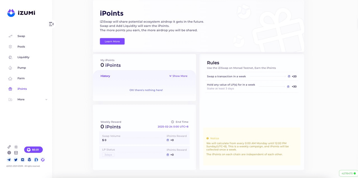izumi_Finance's tweet photo. 💧💸 #iPoints goes burrrrr

New iPoints system update on @monad_xyz
💜 iPoints are now live on Monad testnet!
💜 Airdrops from the Monad ecosystem will be shared among #iPoints holders
💜 Simpler rules and higher potentials!

Check out https://t.co/ga30w8F2E3 for more info! https://t.co/SXbAge8UK1
