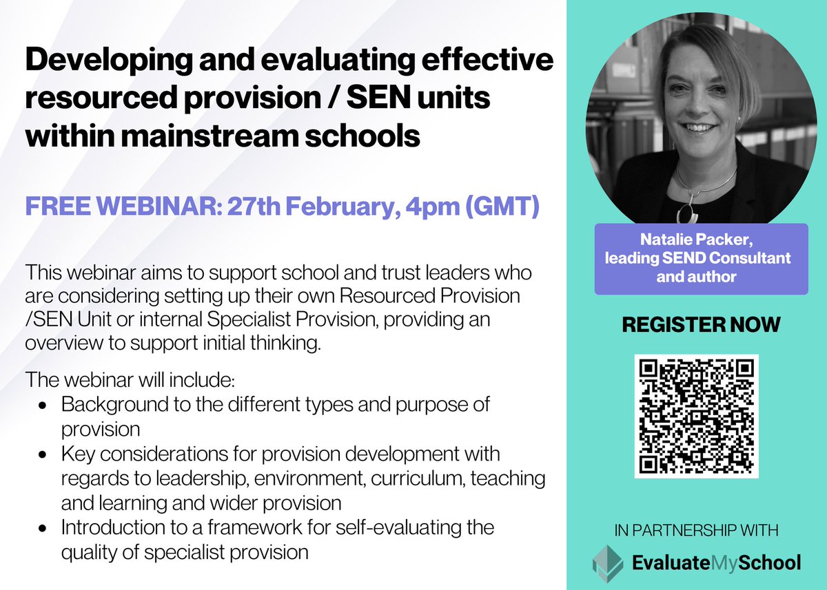 EvaluateSchool's tweet image. Less than a week to go until this webinar with @NataliePacker!
If your organisation is considering setting up your own resourced provision/SEN unit or internal specialist provision this session will be invaluable.
Register for free here: events.teams.microsoft.com/event/b5599f74…