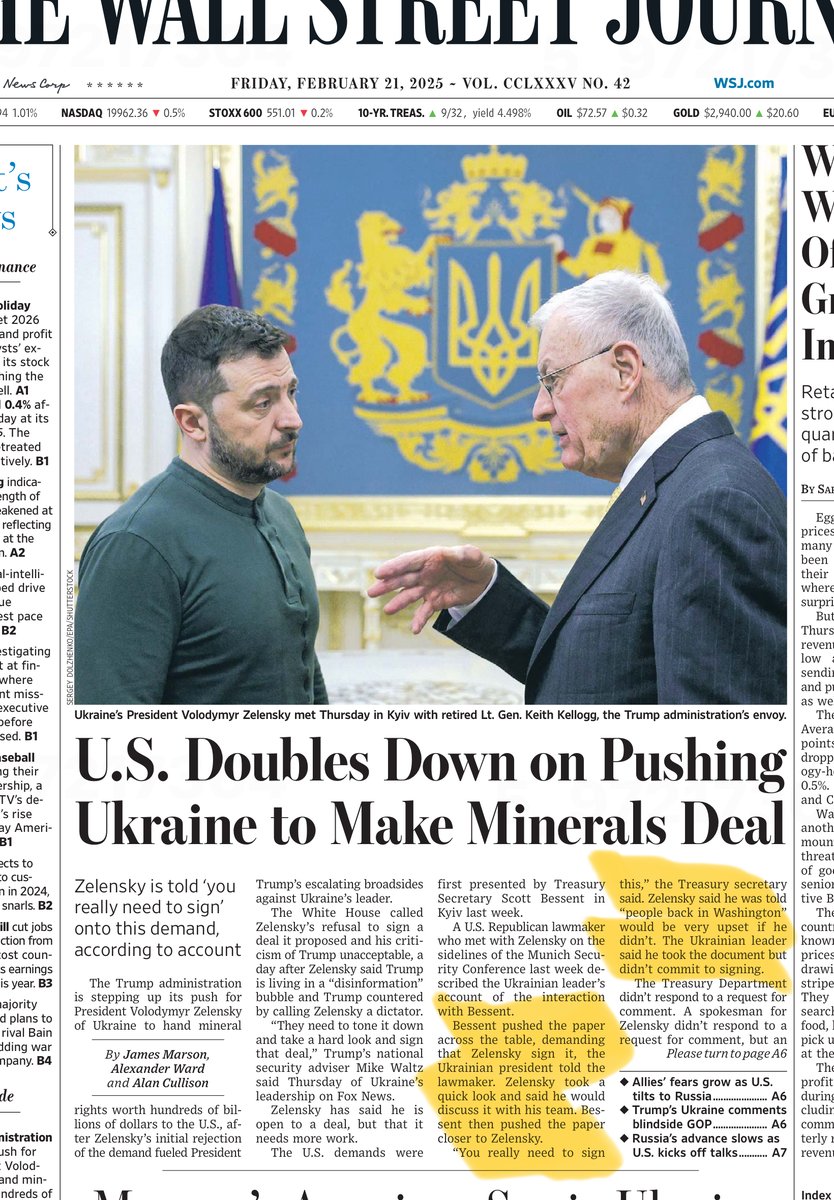 Trumps Lügen über Selenskyj ("Diktator" mit 4% Unterstützung) und über die US-Unterstützung für Kyjiw ("350 Mrd") dienen der Erpressung, wie das WSJ heute auf Seite 1 berichtet. Es geht um Bodenschätze (Titan, Lithium, Seltene Erden), Mafia-Style. Nichts daran ist verrückt.