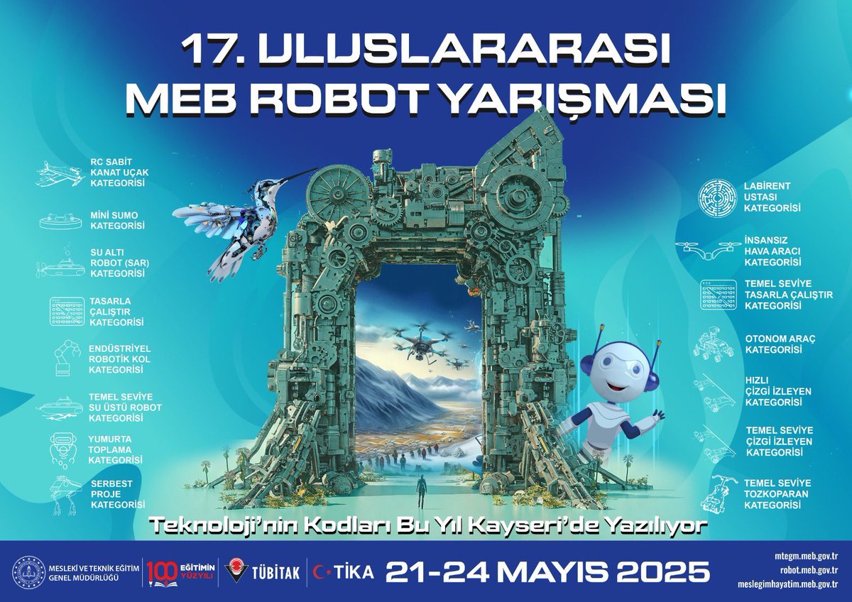 Uluslararası MEB Robot Yarışması Başvuruları Başladı 🤖🚀 ✈️

Türkiye’nin en büyük, dünyanın sayılı büyük robot yarışmalarından olan ve bu yıl 17’ncisi gerçekleştirilecek etkinlik, “Köklerden Geleceğe Eğitim, Teknoloji, Üretim” temasıyla;

📍21-24 Mayıs tarihleri arasında