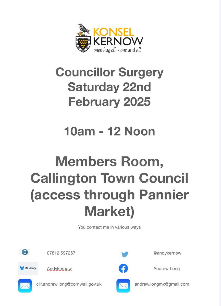 Tomorrow I am holding another <a href="/CornwallCouncil/">@cornwallcouncil</a> Surgery at the <a href="/CallingtonTC/">Callington TC</a> Pannier Market from 10am to 12 Noon <a href="/MebyonKernow/">The Party for Cornwall</a> #mkthedifference