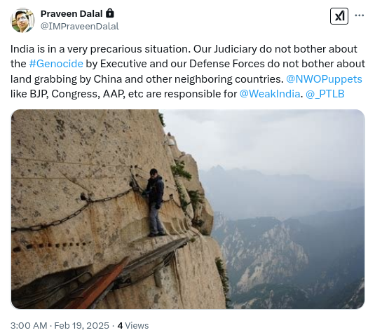 India is in a very precarious situation. Our Judiciary do not bother about the #Genocide by Executive and our Defense Forces do not bother about land grabbing by China and other neighboring countries- <a href="/IMPraveenDalal/">Praveen Dalal</a>. Trump and Modi would intensify <a href="/HorrorsOfIndia/">Horrors Of India: Games Of NWO Lords & NWO Puppets</a>. <a href="/WeakIndia/">Weak India: The Reasons And Solutions</a>