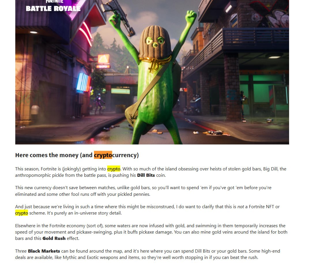 DB - Dill Bits HTze13N7z2wZNReEo8zkcQsPjAYBpoUUwx4DJL7Xpump Fortnite is  hopping into the Crypto train! They made a narrative/story about Big Dill  and his Dill Bits Coin, a Currency is Fortnite like in Crypto! Narrative