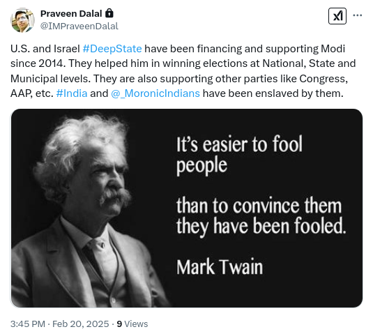 U.S. and Israel #DeepState have been funding Modi since 2014. They helped in stealing elections for Modi at National, State and Municipal levels. They are also supporting other parties like Congress, AAP, etc. #India has been enslaved by them x.com/IMPraveenDalal…. #Trump
