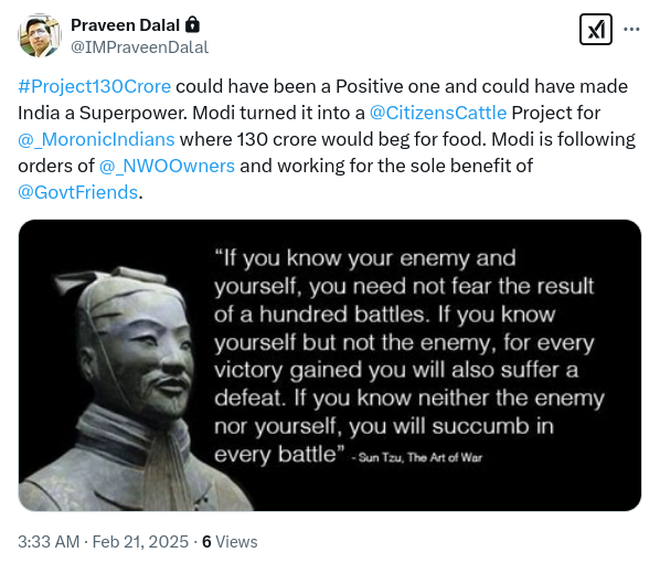 #Project130Crore could have been a good one and could have made India a superpower. Modi turned it into a <a href="/CitizensCattle/">Citizens Cattle</a> project and 130 crore would beg for food. Modi is following orders of <a href="/_NWOOwners/">NWO Owners Of Sheeple Herd And Useless Eaters</a> and working for sole benefit of <a href="/GovtFriends/">Govt Friends</a> x.com/IMPraveenDalal…. #Trump