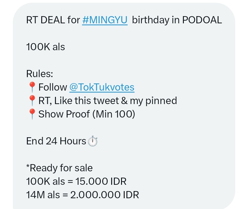 HamzziOchi's tweet image. 🆘🆘🆘

RT DEAL for #MINGYU birthday in PODOAL

🎁100K als

Rules:
📍Follow @TokTukvotes
📍RT, Like this tweet &amp;amp; my pinned📌
📍Show Proof (Min 100)

End 24 Hours⏱️

*Ready for sale
100K als = 15.000 IDR
14M als = 2.000.000 IDR