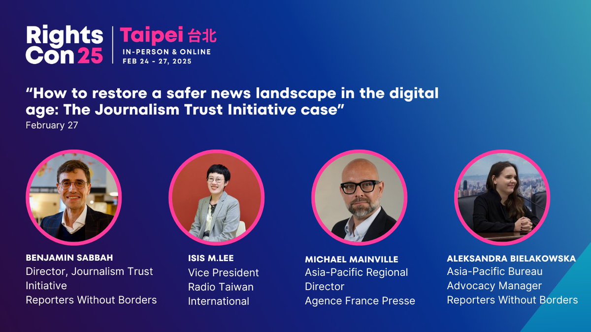 Journalism Trust Initiative (@jti_standard) on Twitter photo 🇹🇼 #LiveNextWeek We are excited to be at #RightsCon25 next week in Taipei to present <a href="/jti_standard/">Journalism Trust Initiative</a> and underscore the importance of best practices in journalism.
🗓️Don’t miss the chance participating in JTI’s workshop on 27 Feb 12:45-13:45.
👉 rightscon.org 🇹🇼 #LiveNextWeek We are excited to be at #RightsCon25 next week in Taipei to present <a href="/jti_standard/">Journalism Trust Initiative</a> and underscore the importance of best practices in journalism.
🗓️Don’t miss the chance participating in JTI’s workshop on 27 Feb 12:45-13:45.
👉 rightscon.org