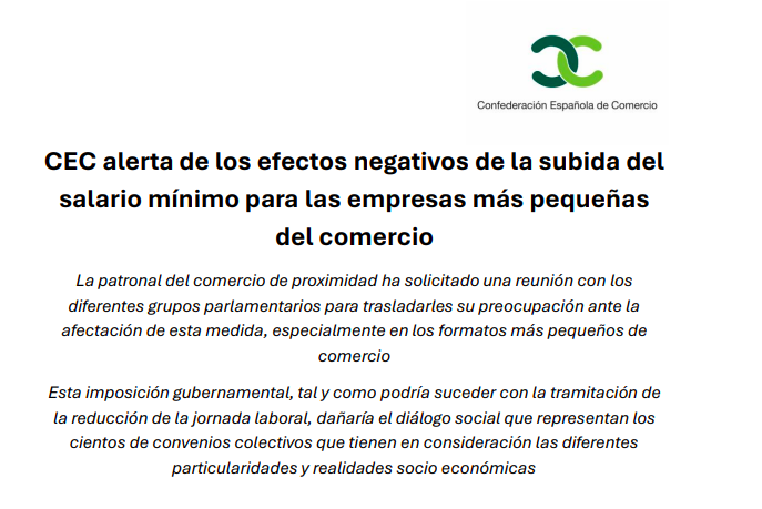 🟢NOTA DE PRENSA | CEC alerta de los efectos negativos de la subida del salario mínimo para las empresas más pequeñas del comercio cec-comercio.org/wp-content/upl…