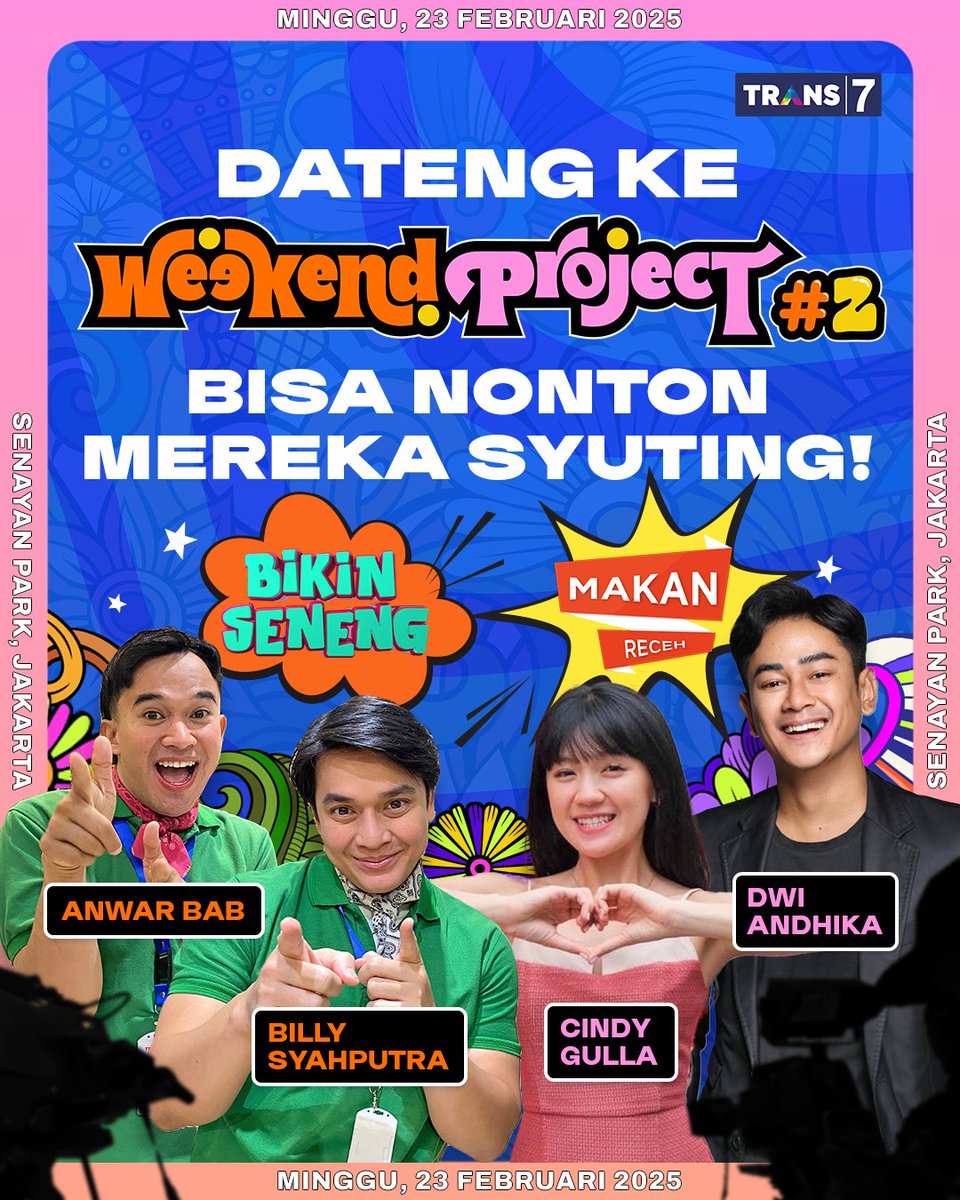 TRANS7's tweet image. Naahh ini dia yang bikin #WeekendProject2 beda sama acara lain!! Kapan lagi bisa dengan santainya nontonin artis lagi syuting yang biasanya kamu tonton di TV 🤩🤩

Datengnya jangan telat makanyaa, biar bisa liat proses syuting Makan Receh bareng Dwi Andhika, Cindy Gulla &amp;amp; Bikin…