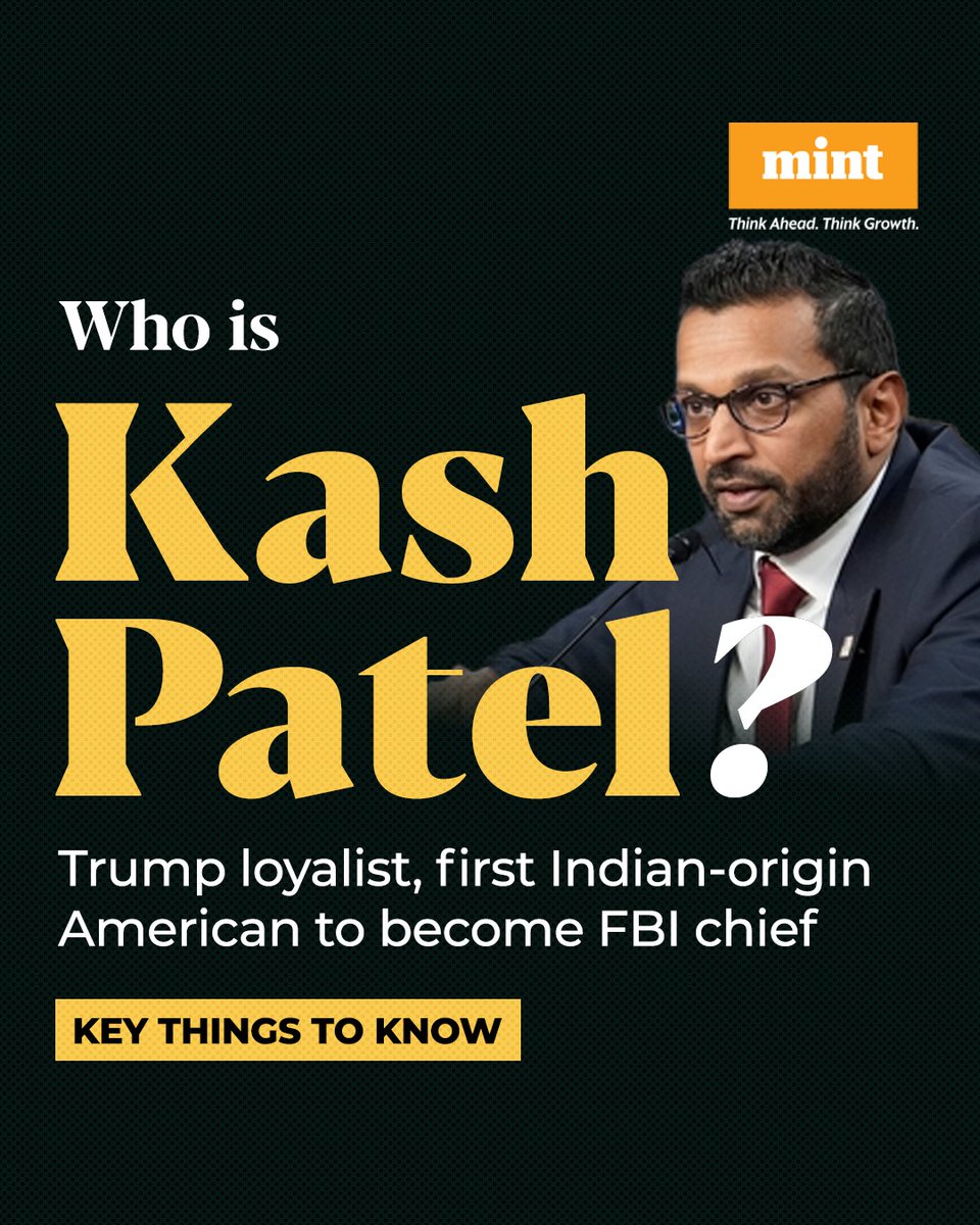livemint's tweet photo. The Republican-dominated US Senate confirmed #KashPatel, Indian-origin American and ‘ultimate #TrumpLoyalist’, as director of the Federal Bureau of Investigation (#FBI).
Kash Patel, 44, secured confirmation as #FBIDirector with a 51-49 vote, despite a strong opposition from #Democrats
Read more: https://t.co/65kFA1KzsU