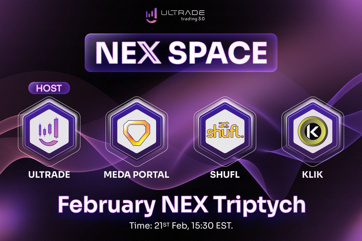 🗣 Join our X Space tonight to celebrate the launch of 3 new NEXs powered by Ultrade!

🚨 Set your reminders here: x.com/i/spaces/1mnGe…

🔉 Topic: Building the future of crypto exchanges with <a href="/shufl_app/">shufl</a>, <a href="/MedaPortal/">MedaPortal</a> and <a href="/KlikPass/">KLIK</a>

🎰 Join the Zealy raffle to win USDC rewards!