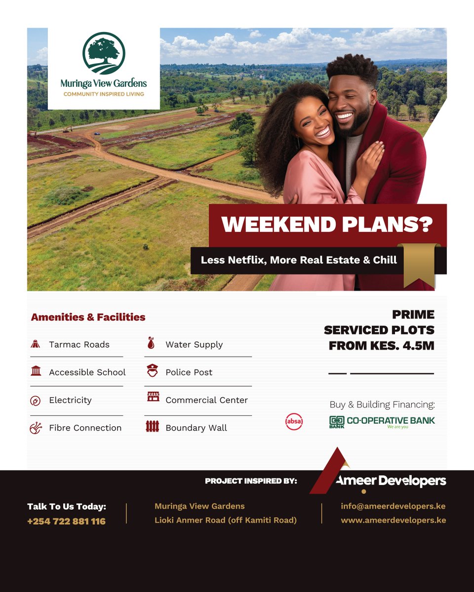 AmeerDevKe's tweet photo. Trade screen time for a site visit! This weekend, experience the thrill of buying land to build your dream home at #MuringaViewGardens. It's time for "Real Estate and Thrill," not "Netflix and Chill.  Call +254 722 881 116 or visit https://t.co/gOmHCrLbyx. 
#AmeerDevelopers https://t.co/c7c2yVAC5e