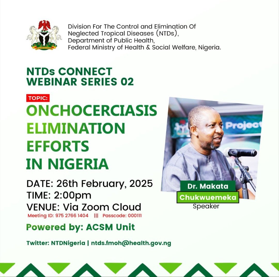Join our webinar as we discuss Onchocerciasis elimination effort in Nigeria. 

Date: 26th Feb, 2025
Time: 2:00pm
Zoom link :
zoom.us/j/97527661404?…

Meeting ID: 975 2766 1404
Passcode: 000111