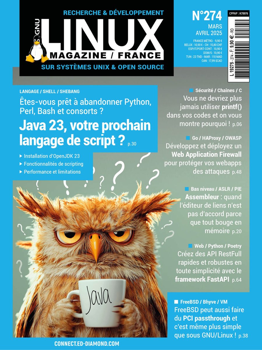gnulinuxmag's tweet image. #java23 votre prochain langage de script ? Découvrez notre prochain numéro en kiosque dans une semaine ! #programmation #langage #shell #shebang