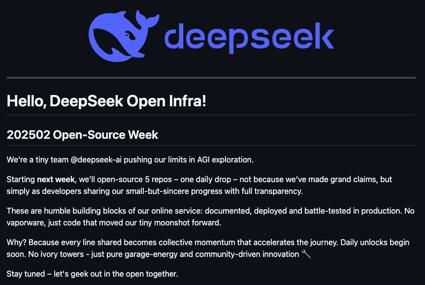 _philschmid's tweet photo. A team at @deepseek_ai plans to open-source 5 repositories next week, one per day. Focused on infrastructure and building blocks of their online services. https://t.co/XFd8vARAIe