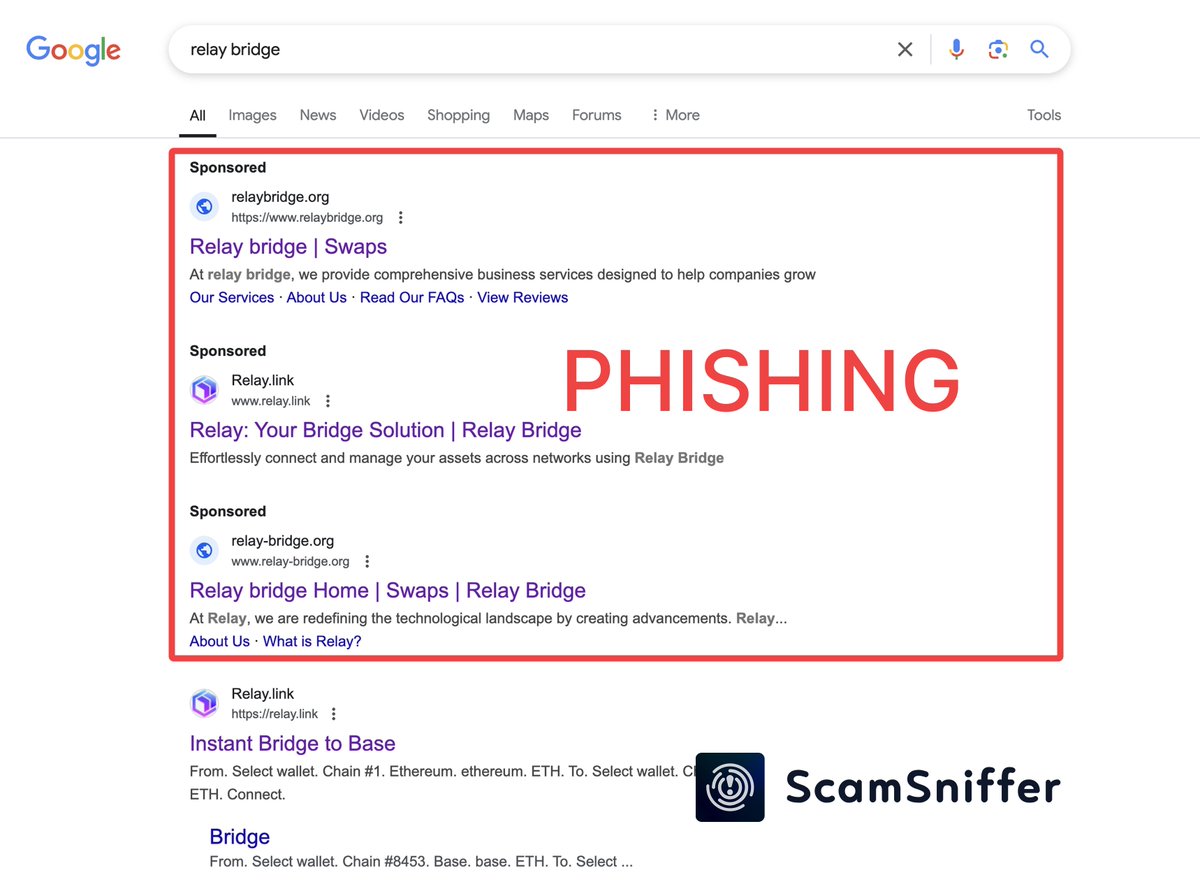 🚨 PHISHING ALERT 🚨 Relay users beware:
3 FAKE ADS are topping Google "Relay Bridge" searches right now!

🔴 DO NOT interact with any ads
🔐 Bookmark legit site (relay.link)
📢 Report malicious ads you spot