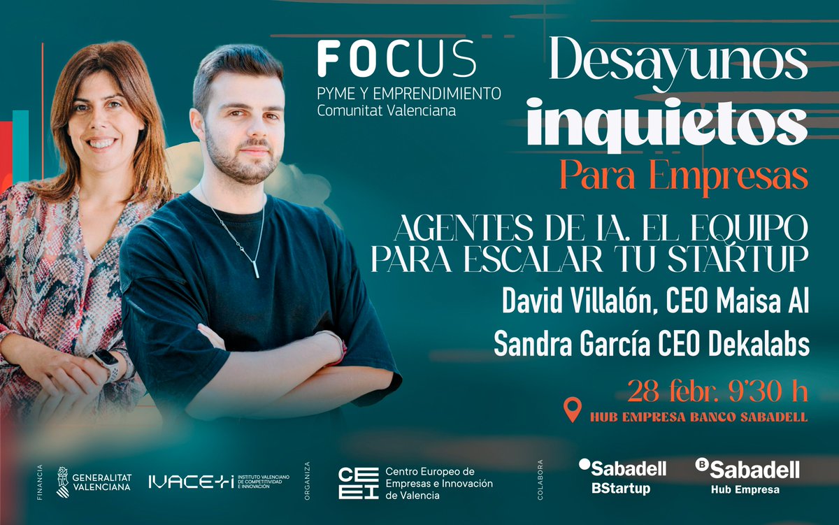 CEEI Valencia (@ceeivalencia) on Twitter photo En nuestro próximo #DesayunoInquieto, hablaremos con <a href="/davipar/">David Villalón</a> (<a href="/maisaAI_/">Maisa</a>) y <a href="/sandrabnb/">Sandra García</a> (<a href="/dekalabs/">Dekalabs</a>) de cómo aprovechar los agentes de IA para conseguir startups más escalables.
📍 28/02, #SabadellHubEmpresa
Café e IA para mentes inquietas. ¿Te apuntas? 👉 ceeivalencia.emprenemjunts.es/?op=14&n=24413 En nuestro próximo #DesayunoInquieto, hablaremos con <a href="/davipar/">David Villalón</a> (<a href="/maisaAI_/">Maisa</a>) y <a href="/sandrabnb/">Sandra García</a> (<a href="/dekalabs/">Dekalabs</a>) de cómo aprovechar los agentes de IA para conseguir startups más escalables.
📍 28/02, #SabadellHubEmpresa
Café e IA para mentes inquietas. ¿Te apuntas? 👉 ceeivalencia.emprenemjunts.es/?op=14&n=24413