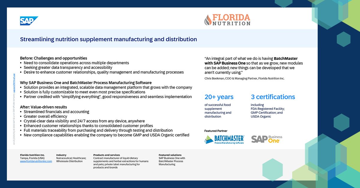 BatchMasterERP's tweet photo. Florida Nutrition transformed its operations with SAP Business One and BatchMaster, achieving GMP and USDA Organic certifications, end-to-end traceability, and seamless scalability.
https://t.co/bh90OXrtb3 

#ManufacturingExcellence #ERPIntegration #BatchMaster #SAPBusinessOne https://t.co/Za6XiIYd1D