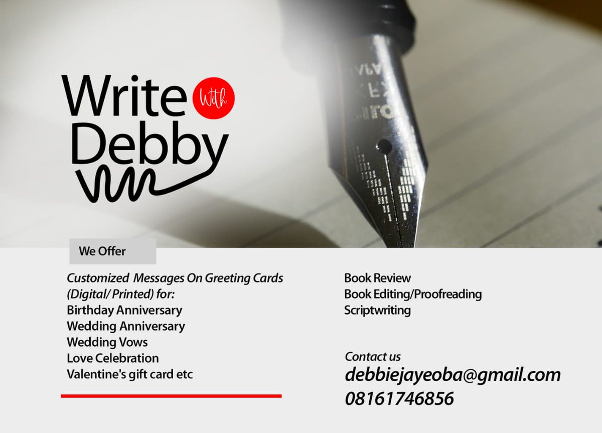 WriteWithDebby's tweet photo. Hello Beautiful People! 💞 
What would you be writing today? For your:
✓Customized greeting cards 
✓Book Review 
✓Book editing/Proofreading 
✓Scriptwriting 
#write #writingservices  #giftcard #bookreview #bookediting #proofreading #scriptwriting #tasha #akpi #zeudiners #Trump https://t.co/TuOIi7Bp1U