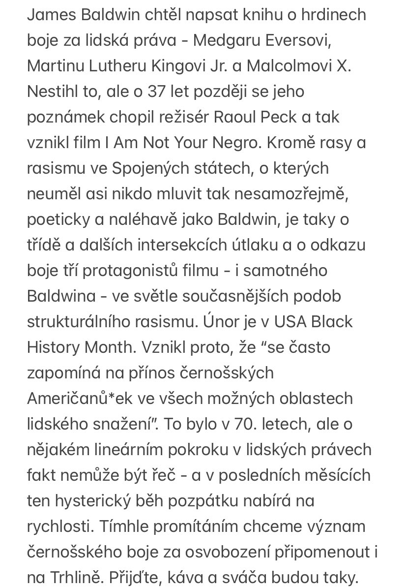 V úterý(25.2) budeme mít promítání filmu: I am not your negro. 

On Tuesday (25th) we will have screening of I am not your negro.